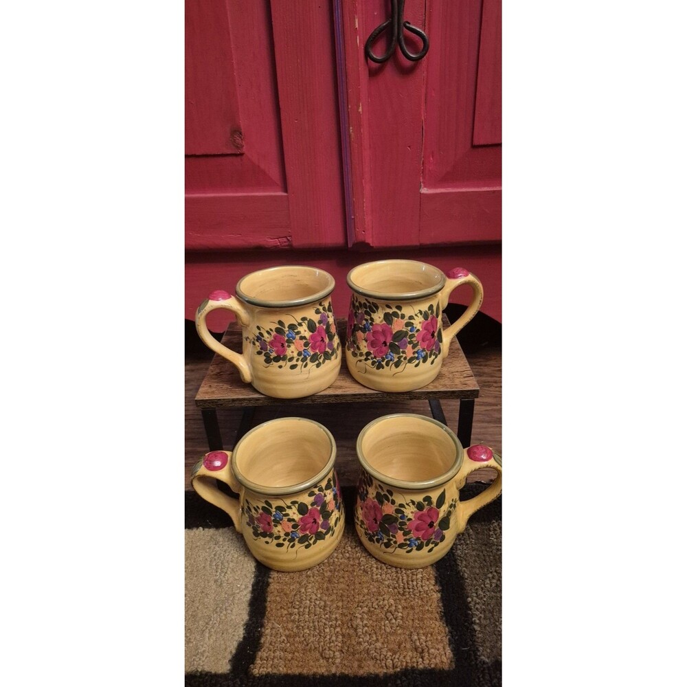 Set of 4 Pier 1 Imports Tuscan Floral Coffee Mugs Hand Painted Yellow Oversized